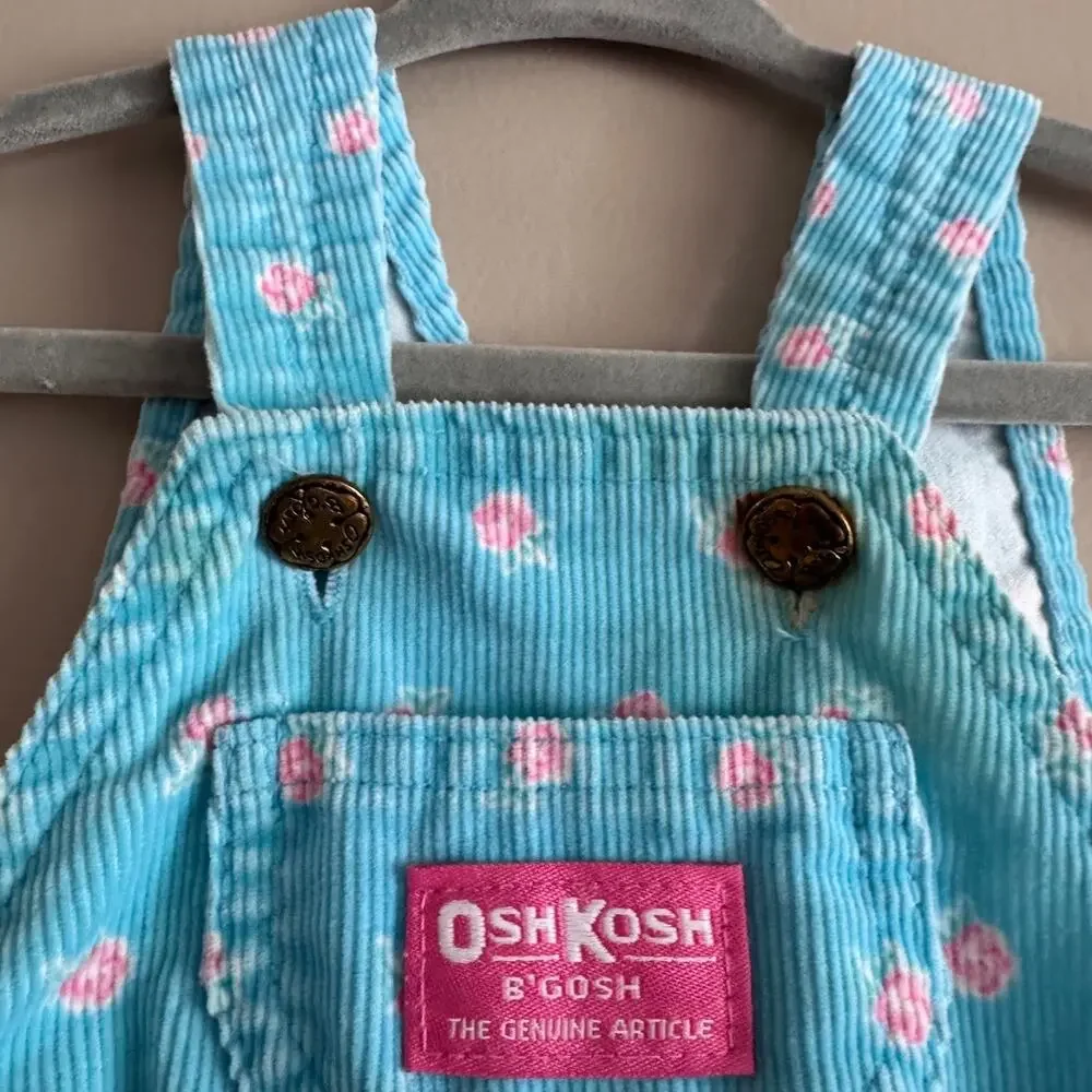 Vintage OshKosh B'Gosh Blue Corduroy Pink Flower Baby Overalls 6-9 Months - READ